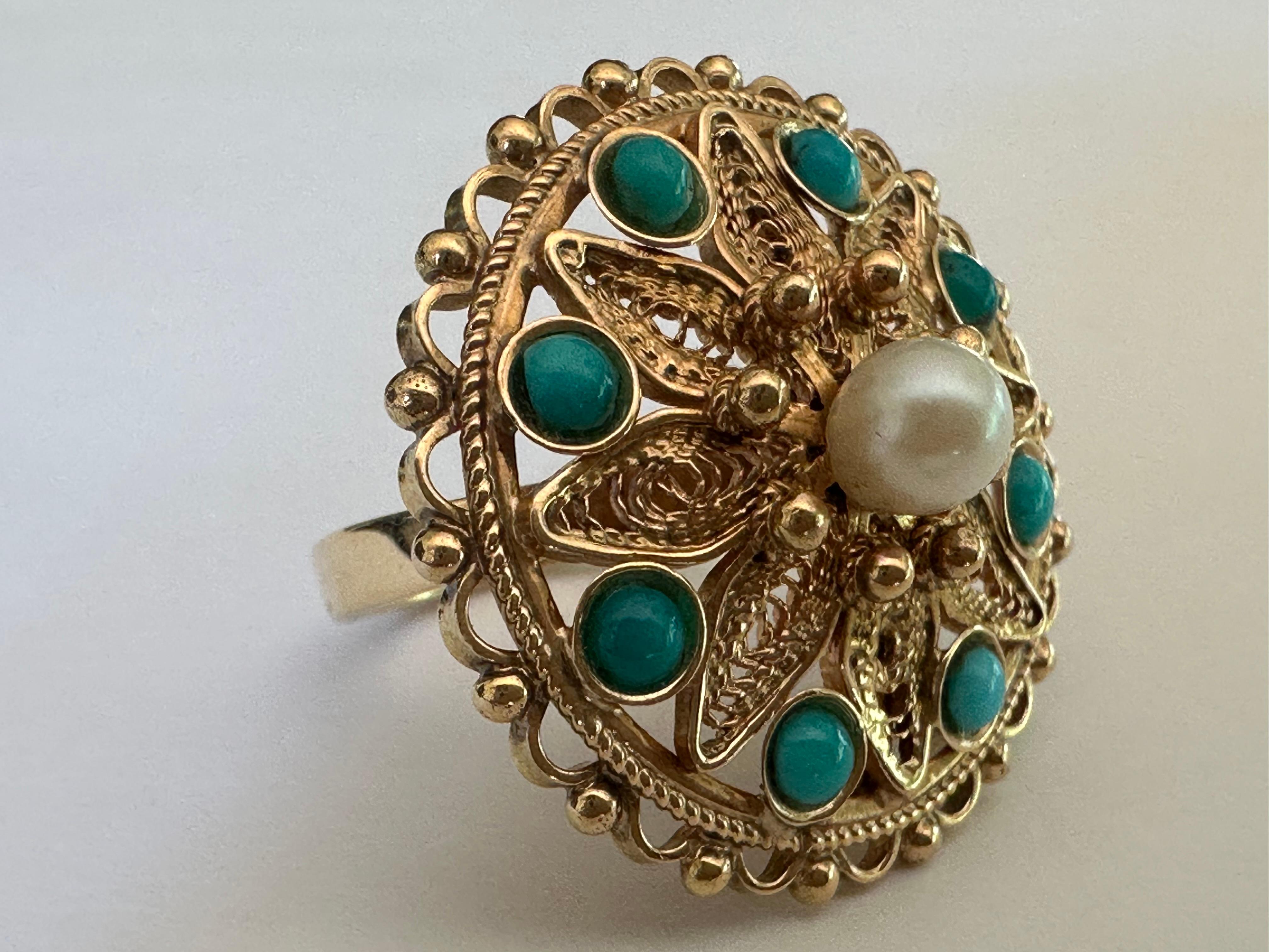 Bague cocktail rétro avec fleur en perles et turquoise persane naturelle Pour femmes en vente