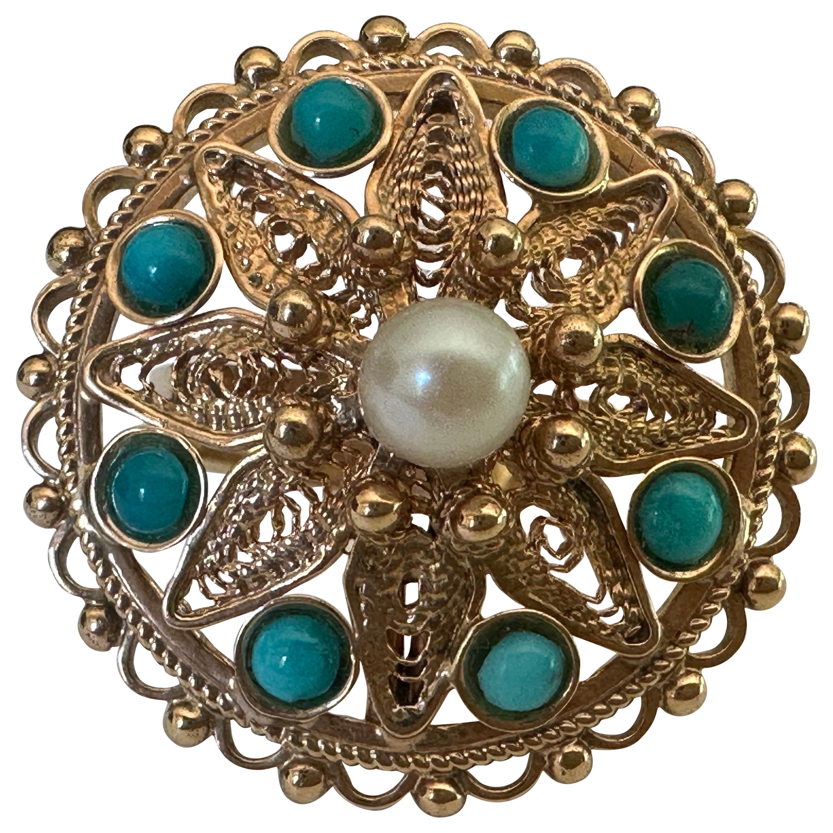 Bague cocktail rétro avec fleur en perles et turquoise persane naturelle
