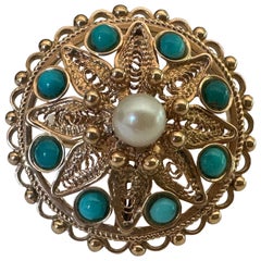 Bague cocktail rétro avec fleur en perles et turquoise persane naturelle