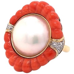 Retro Pearl Coral Diamond 14 Karat Gold Cocktail Ring