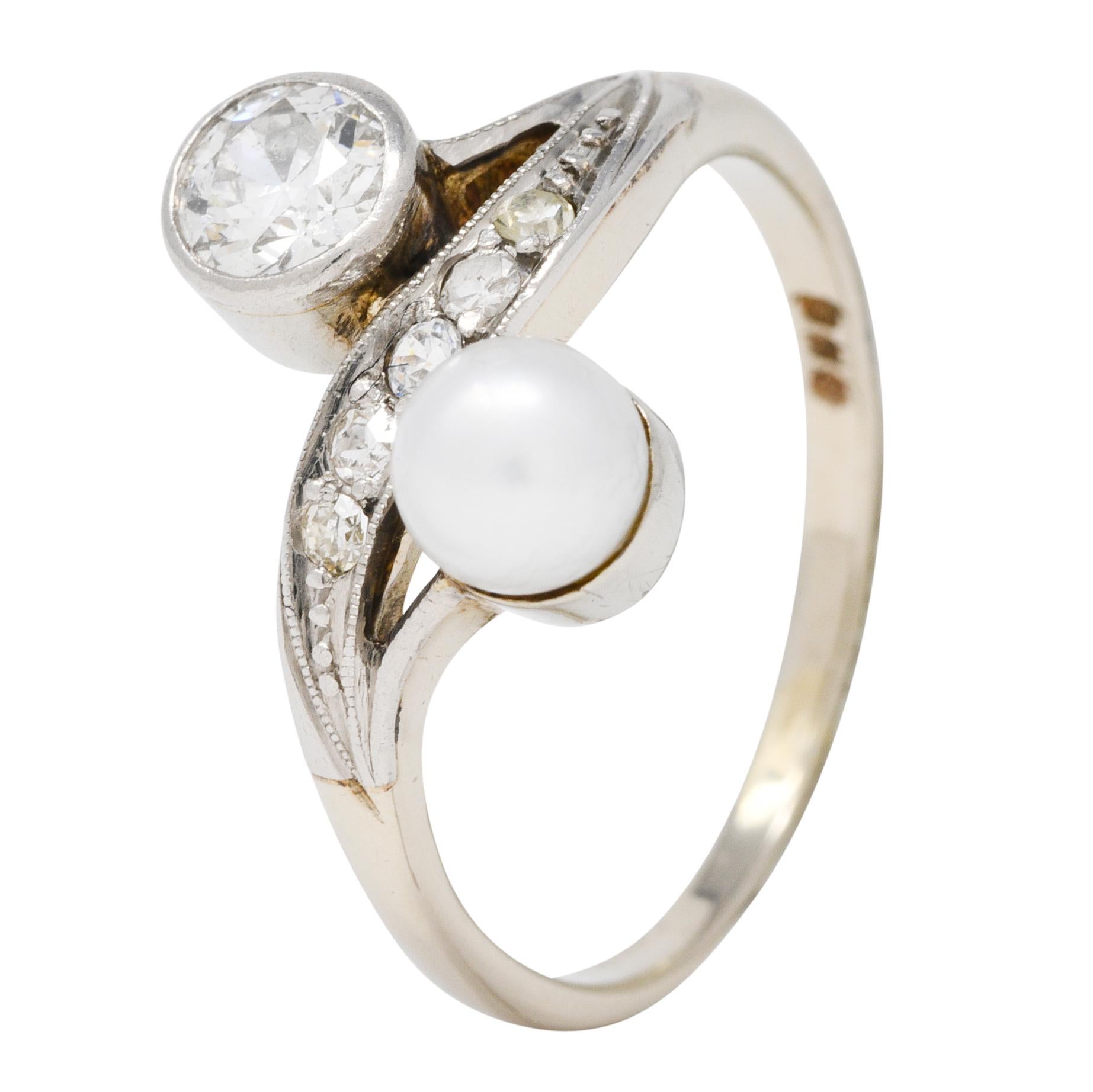 Retro Pearl Diamond 14 Karat White Gold Toi Et Moi Ring For Sale 4