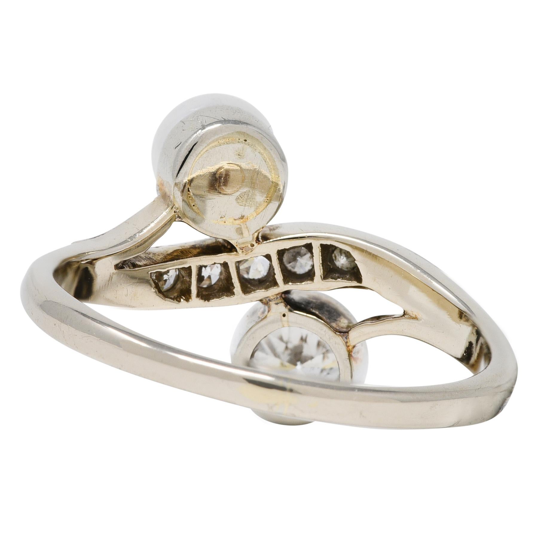 Old European Cut Retro Pearl Diamond 14 Karat White Gold Toi Et Moi Ring For Sale