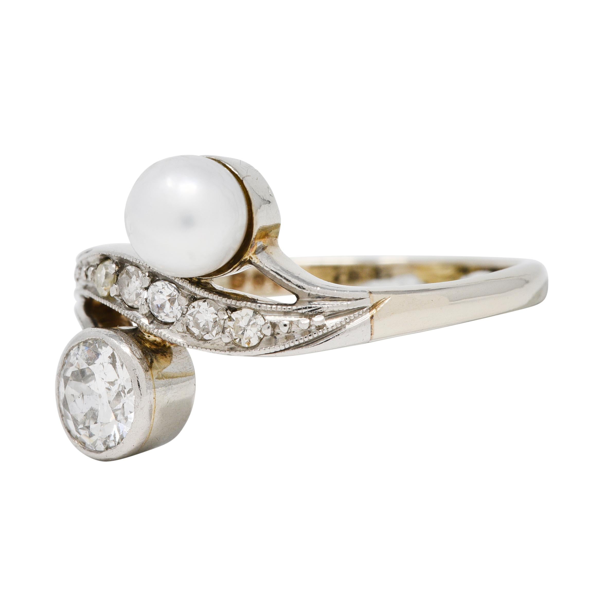 Women's or Men's Retro Pearl Diamond 14 Karat White Gold Toi Et Moi Ring For Sale