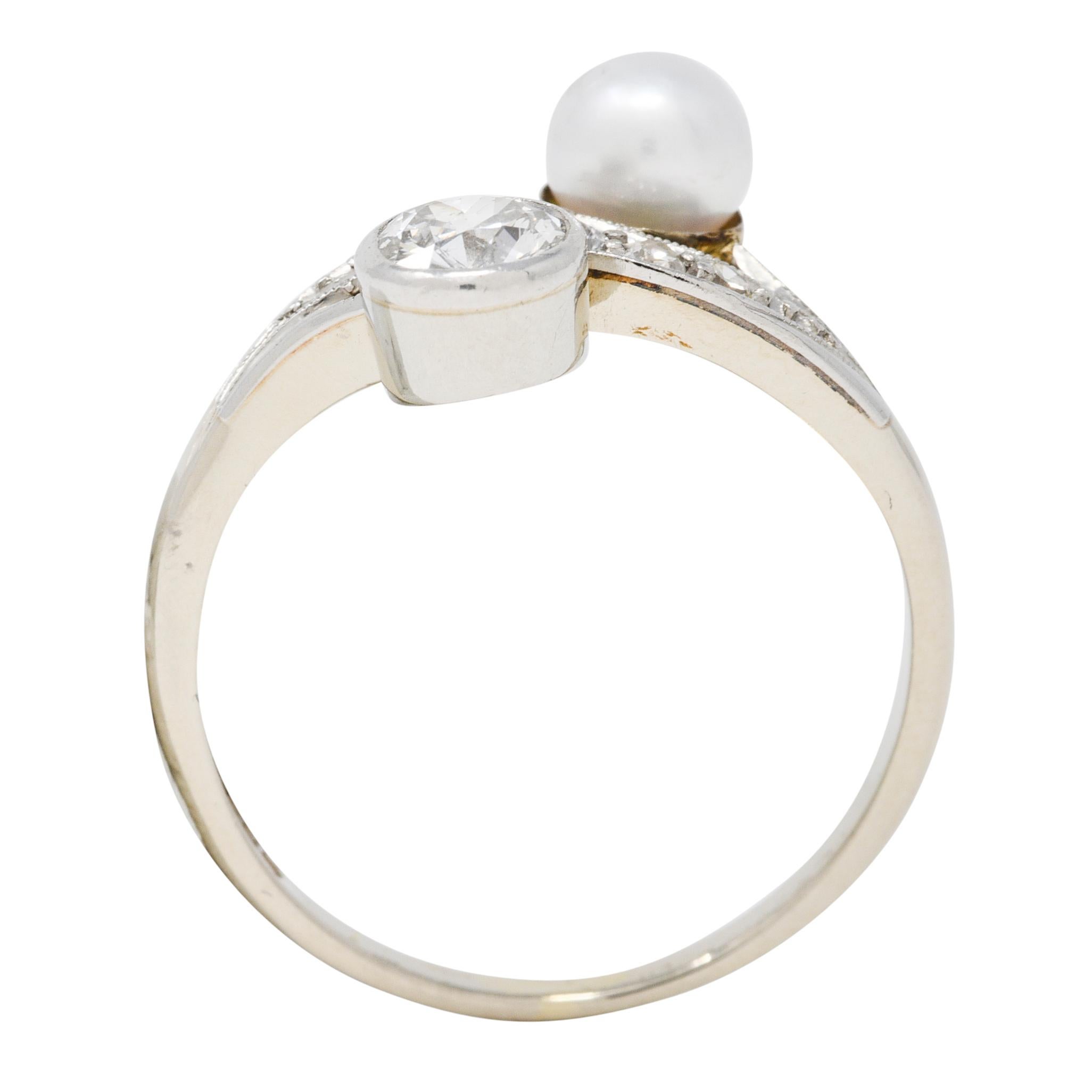 Retro Pearl Diamond 14 Karat White Gold Toi Et Moi Ring For Sale 1