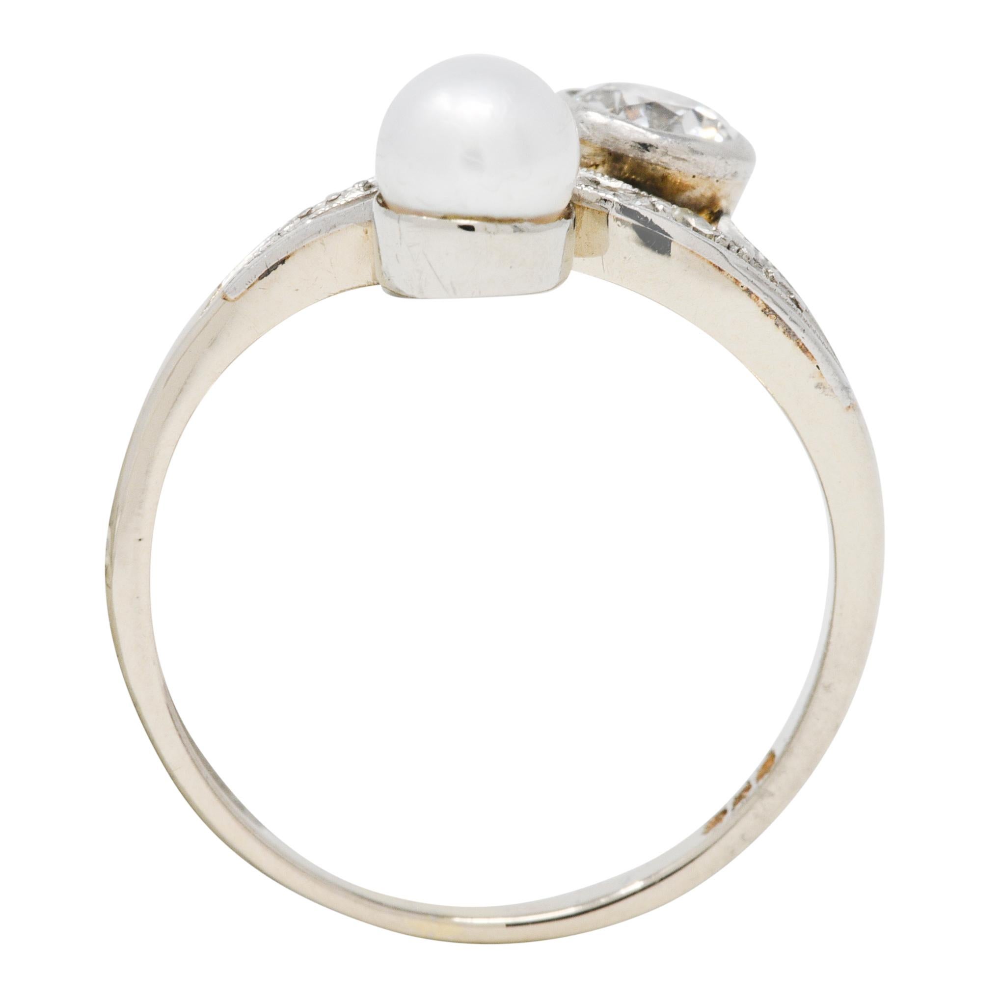 Retro Pearl Diamond 14 Karat White Gold Toi Et Moi Ring For Sale 2