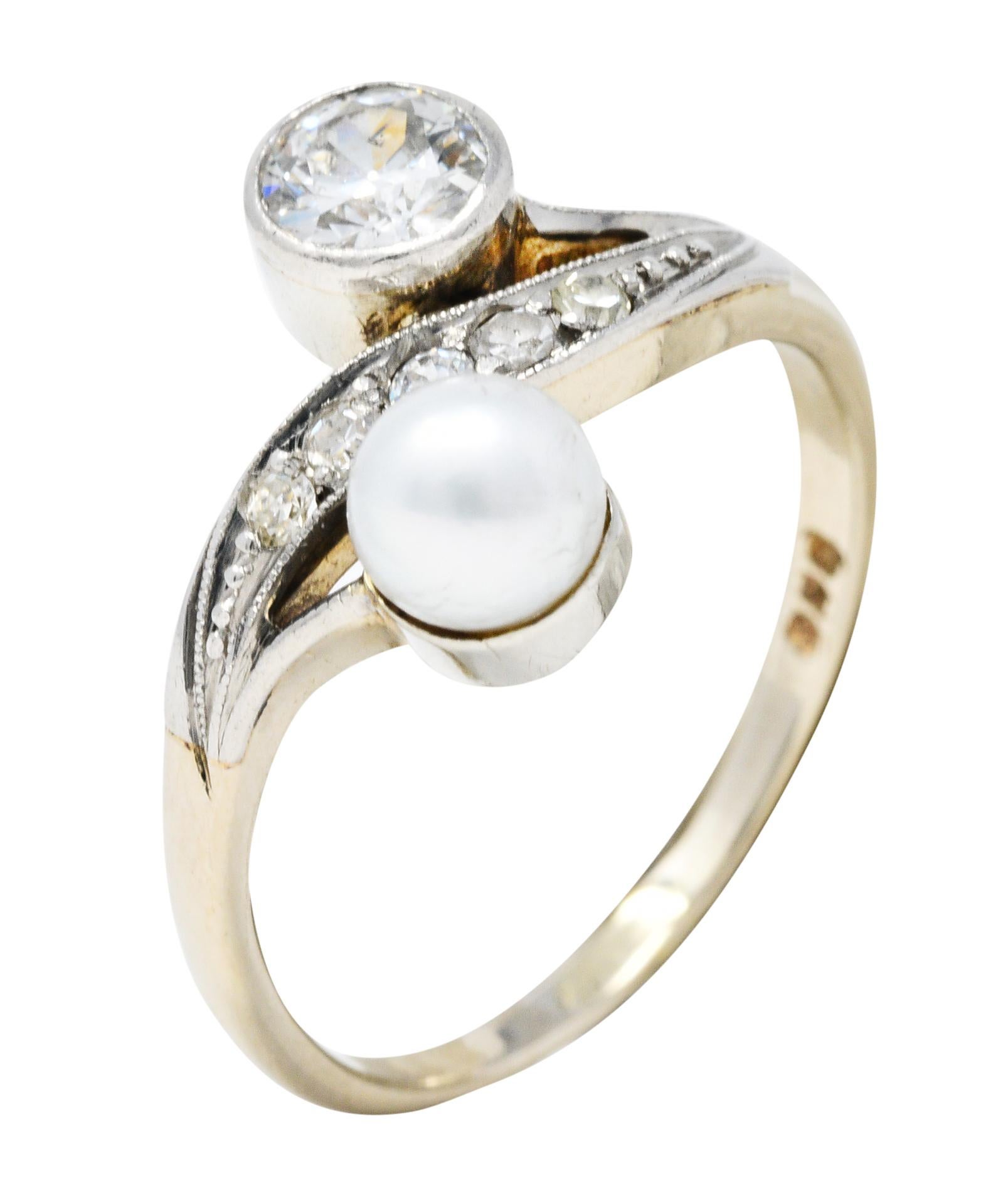Retro Pearl Diamond 14 Karat White Gold Toi Et Moi Ring 1