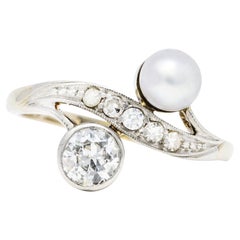 Retro Pearl Diamond 14 Karat White Gold Toi Et Moi Ring