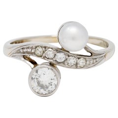 Vintage Pearl Diamond 14 Karat White Gold Toi Et Moi Ring