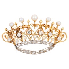 Retro pearl diamond 14k yellow gold platinum crown brooch