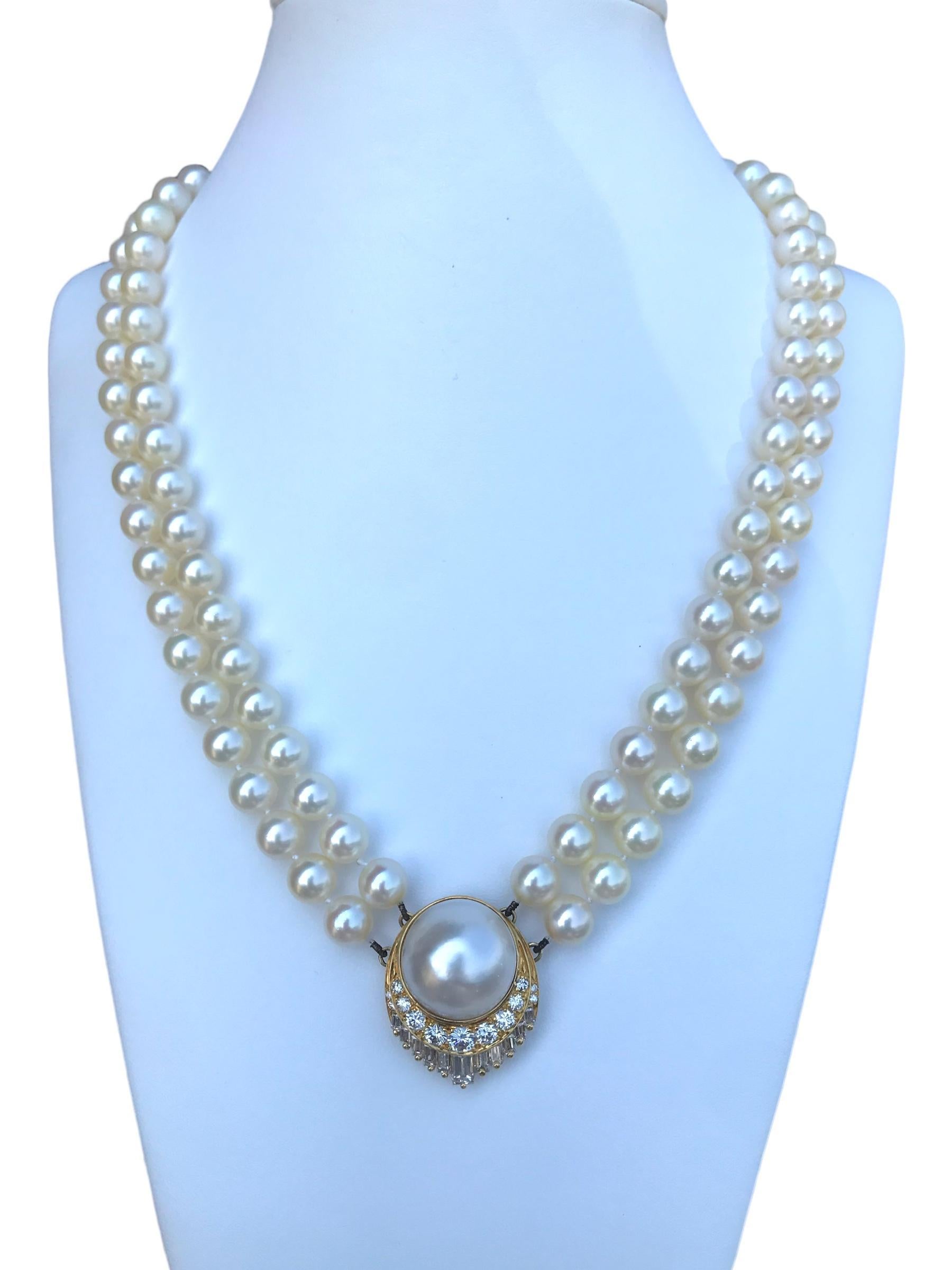Women's Retro Pearl Diamond Necklace 2 Carats For Sale