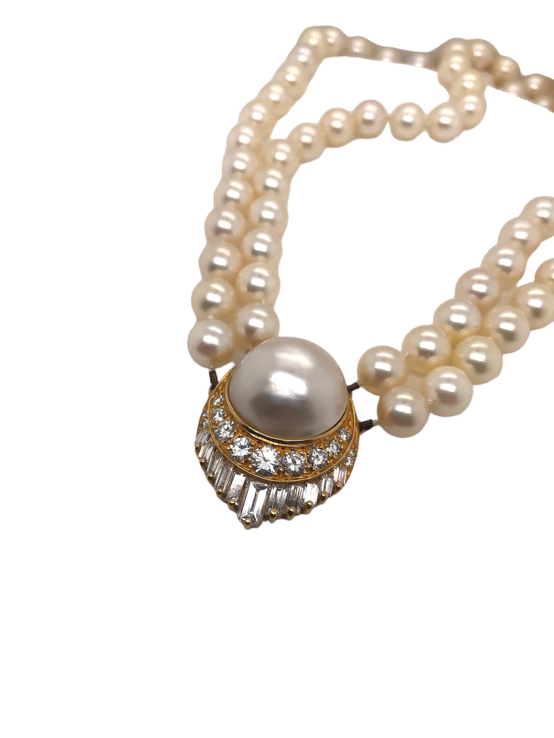 Retro Pearl Diamond Necklace 2 Carats For Sale 1