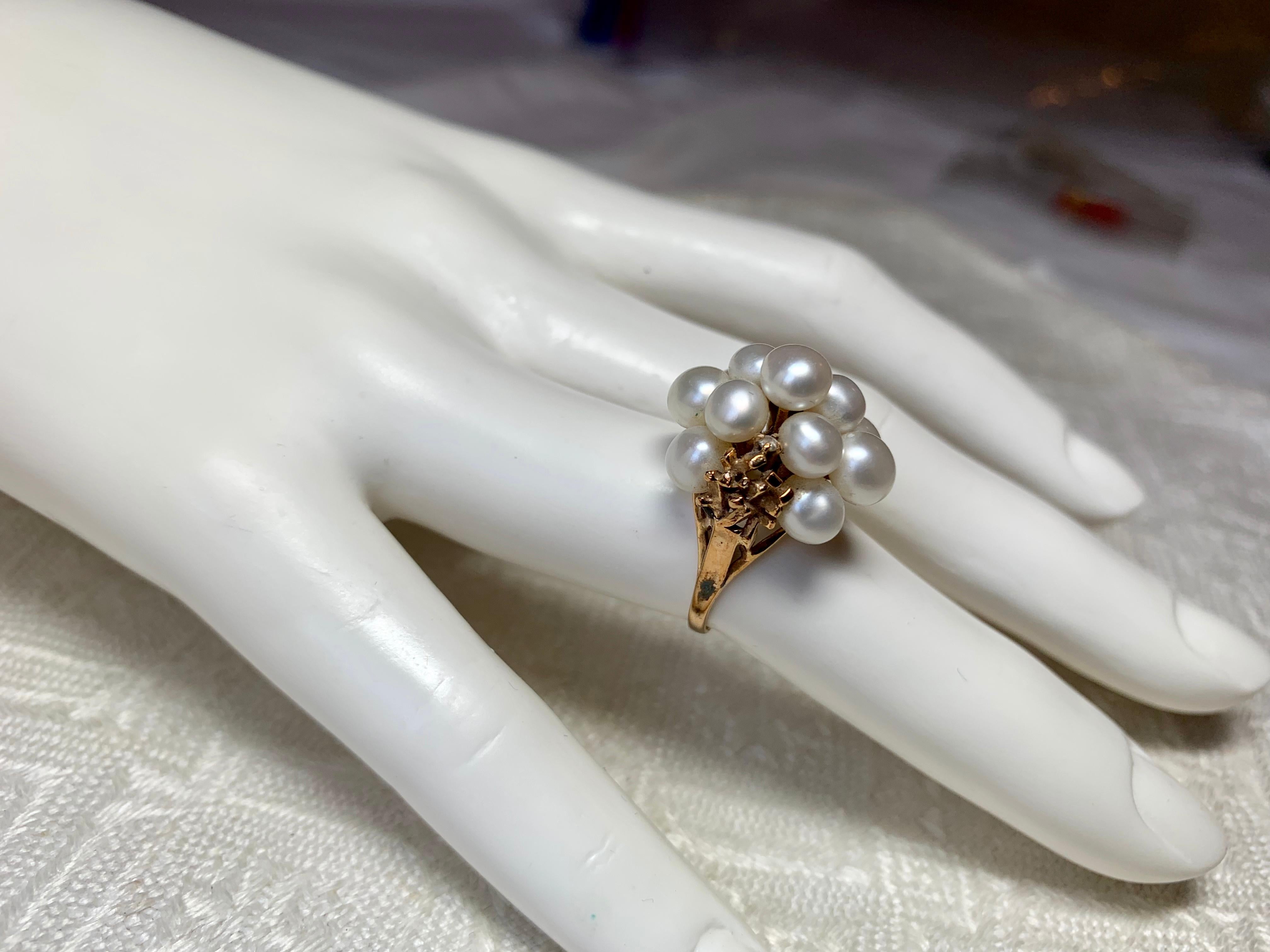 Women's Retro Pearl Domed Cocktail Ring Midcentury 14 Karat Yellow Gold For Sale