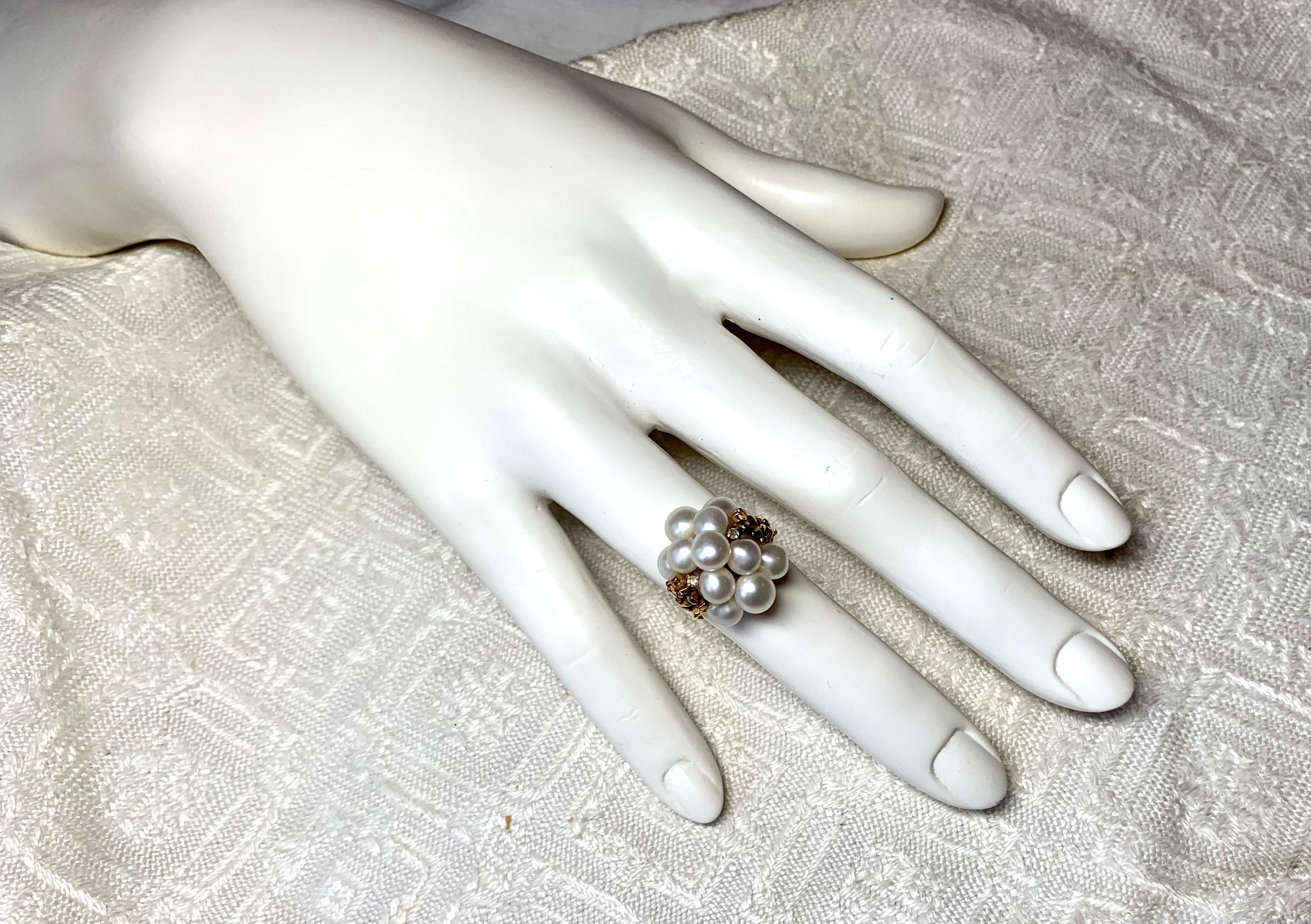 Round Cut Retro Pearl Domed Cocktail Ring Midcentury 14 Karat Yellow Gold For Sale