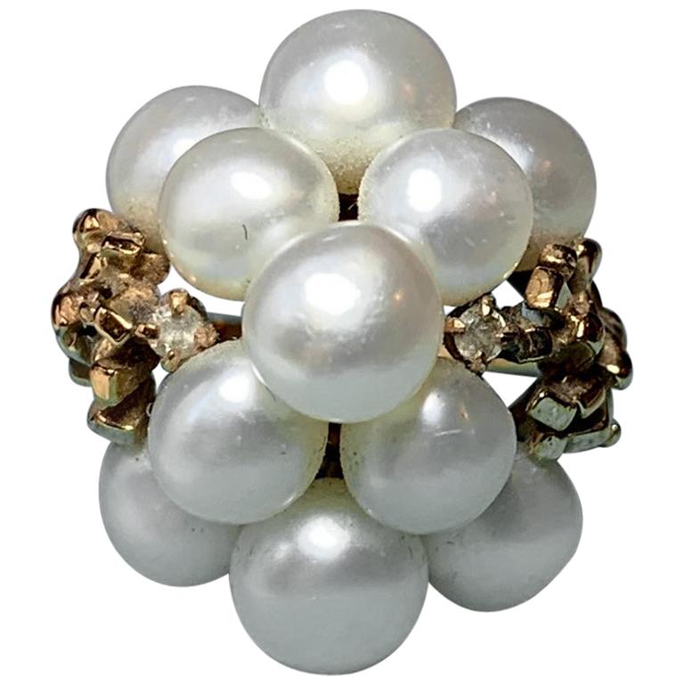 Retro Pearl Domed Cocktail Ring Midcentury 14 Karat Yellow Gold For Sale