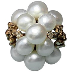 Retro Pearl Domed Cocktail Ring Midcentury 14 Karat Yellow Gold