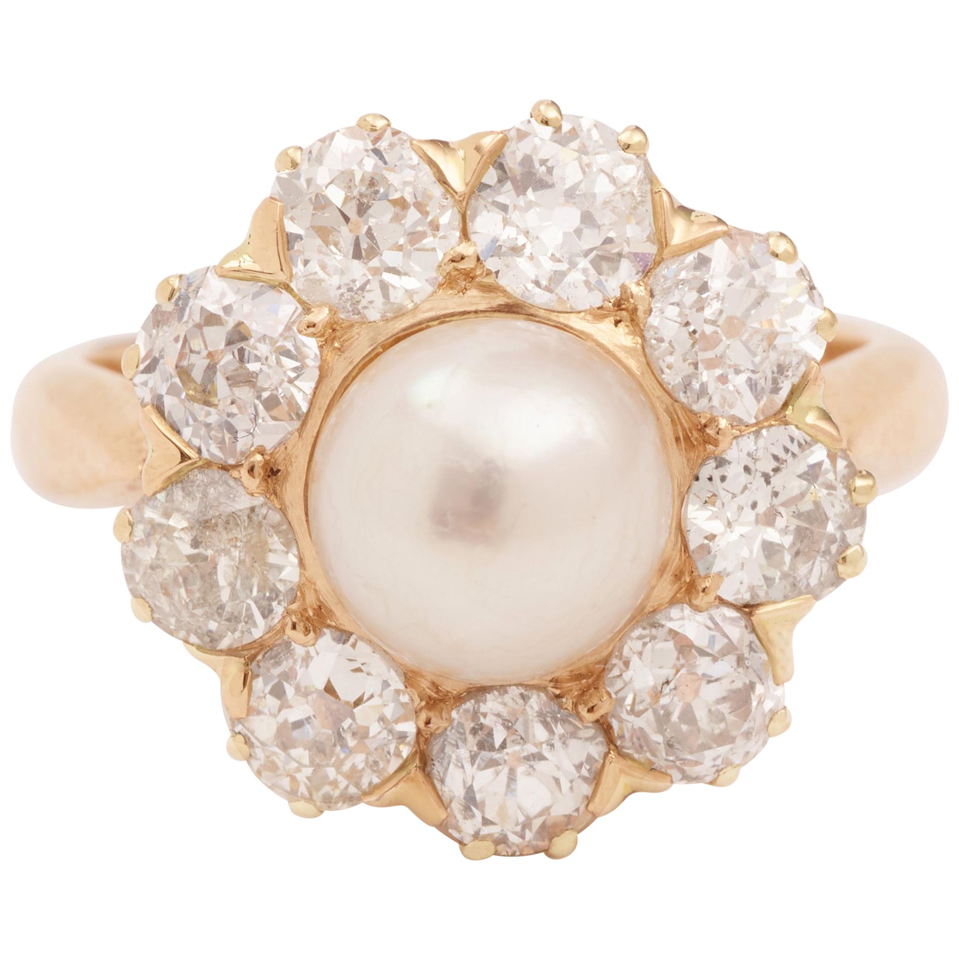 Retro Pearl Old Cut Diamonds 18 Carat Rose Gold Daisy Ring