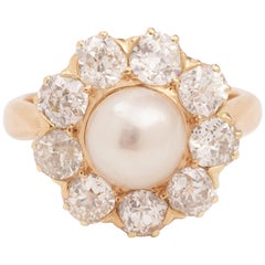 Retro Pearl Old Cut Diamonds 18 Carat Rose Gold Daisy Ring