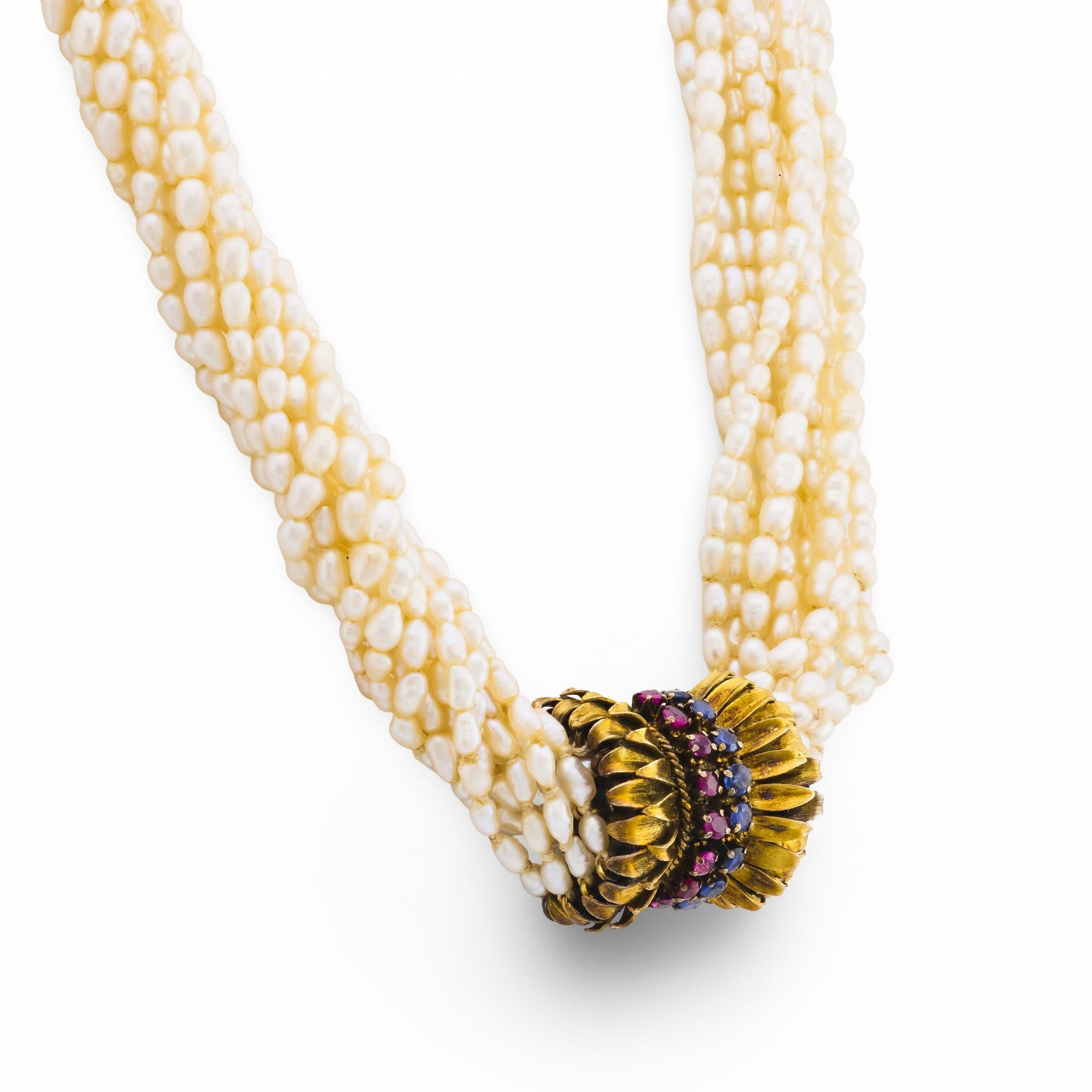 Rétro Collier rétro perle saphir rubis or jaune 14k en vente