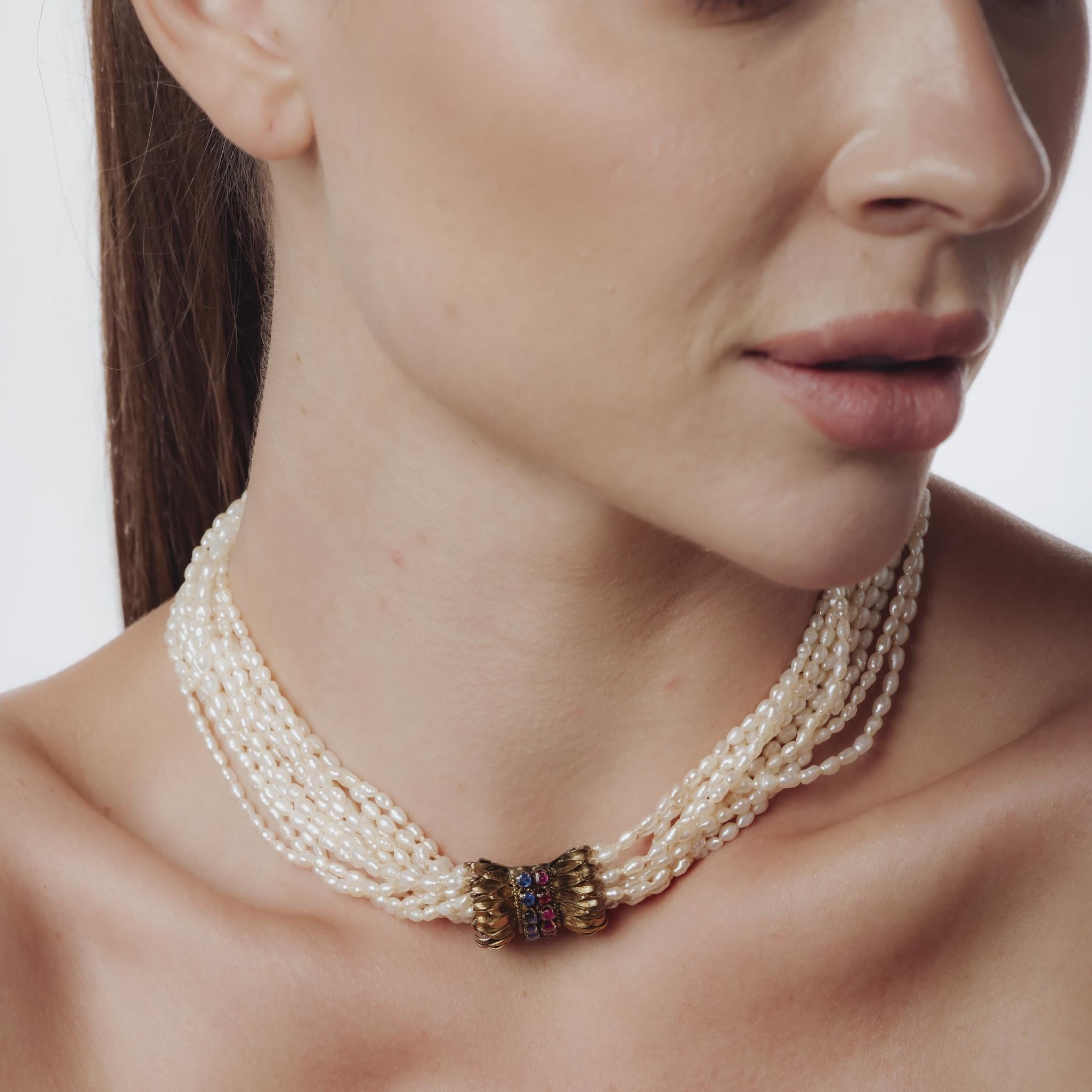 Taille ronde Collier rétro perle saphir rubis or jaune 14k en vente