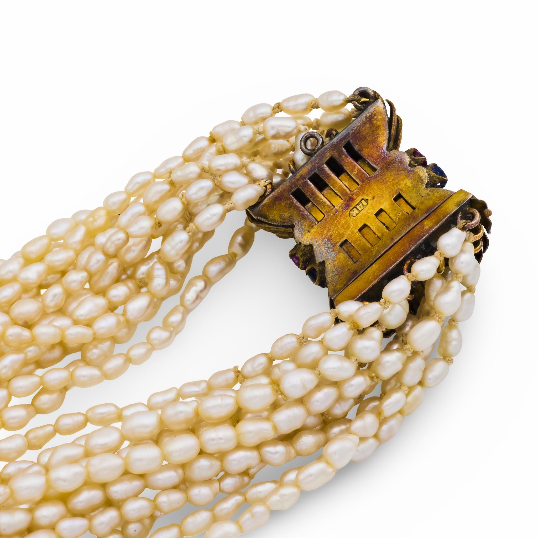 Collier rétro perle saphir rubis or jaune 14k Bon état - En vente à Beverly Hills, CA