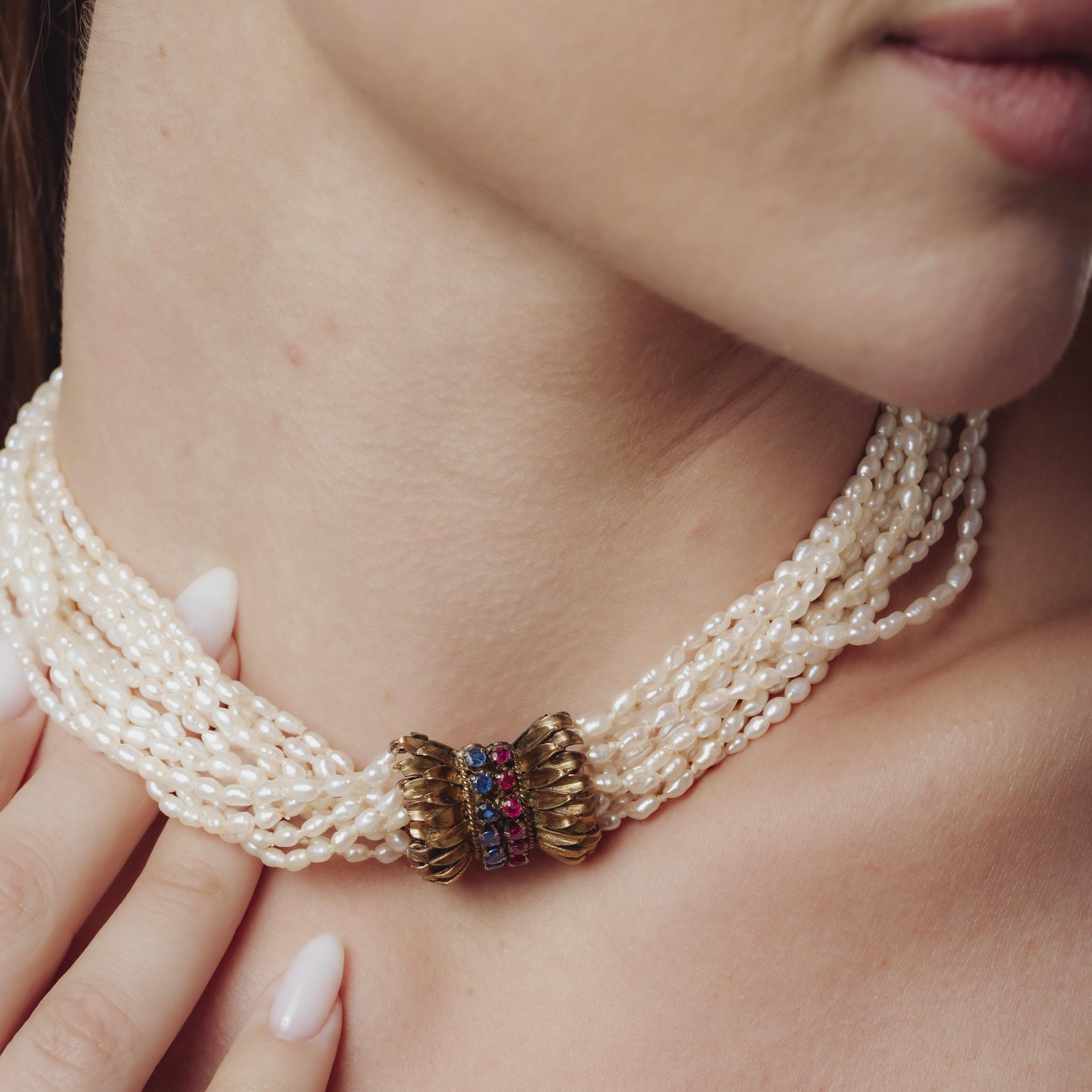 Collier rétro perle saphir rubis or jaune 14k Pour femmes en vente