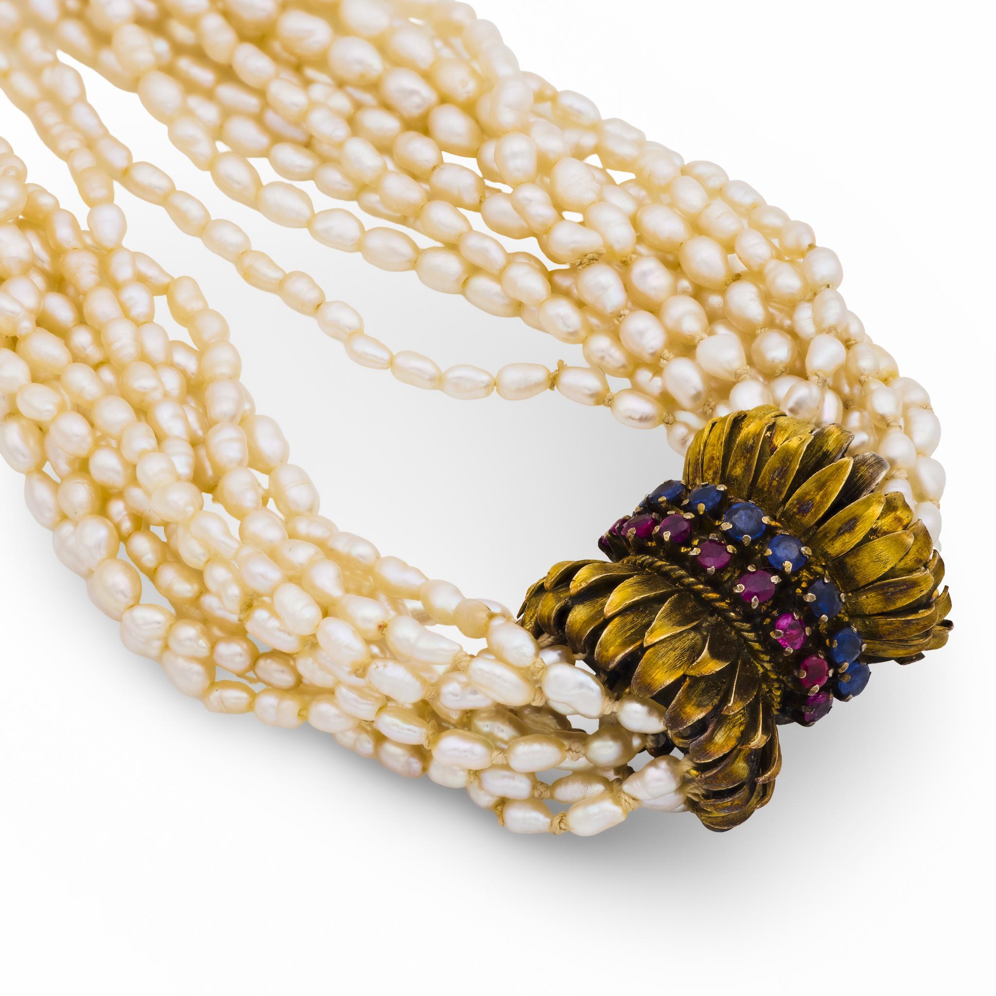 Collier rétro perle saphir rubis or jaune 14k en vente 1