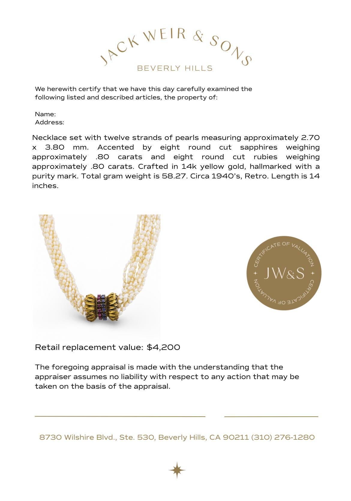 Collier rétro perle saphir rubis or jaune 14k en vente 2