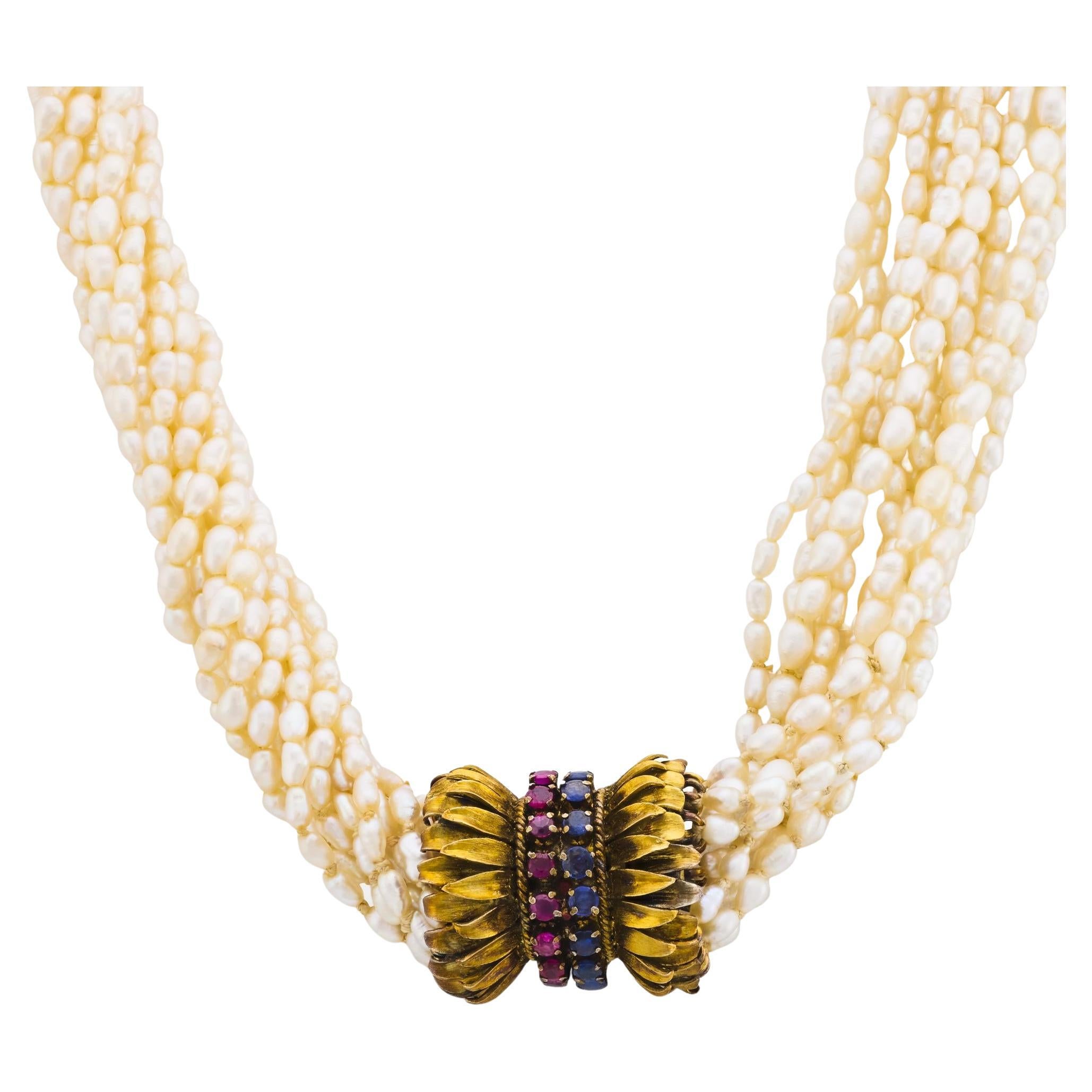 Collier rétro perle saphir rubis or jaune 14k en vente