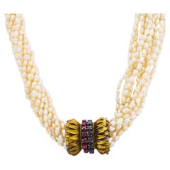 Retro Perle Saphir Rubin 14k Gelbgold Halskette