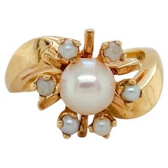 Used Pearl Sputnik Ring, 14K Yellow Gold, Vintage 1950s Space Theme Statement 