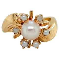 Retro Pearl Sputnik Ring, 14K Yellow Gold, Vintage 1950s Space Theme Statement 