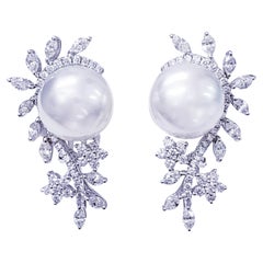 Retro Pearls and 5.00 Carat Diamonds Leaf Style Earrings