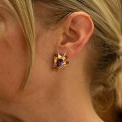 Retro Period 14 Karat Gold, Ruby and Amethyst 'Peacock' Earrings