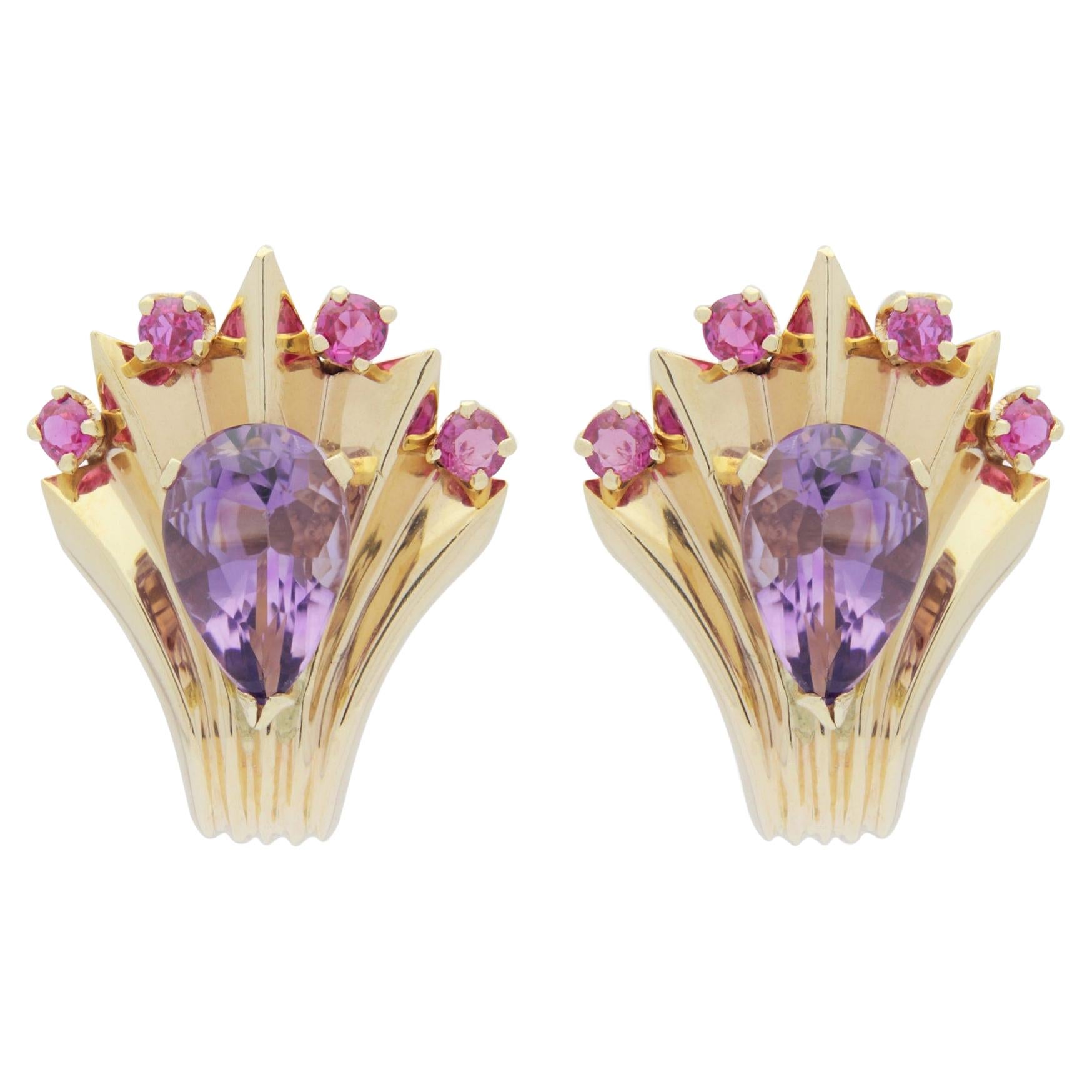 Retro Period 14 Karat Gold, Ruby and Amethyst 'Peacock' Earrings For Sale