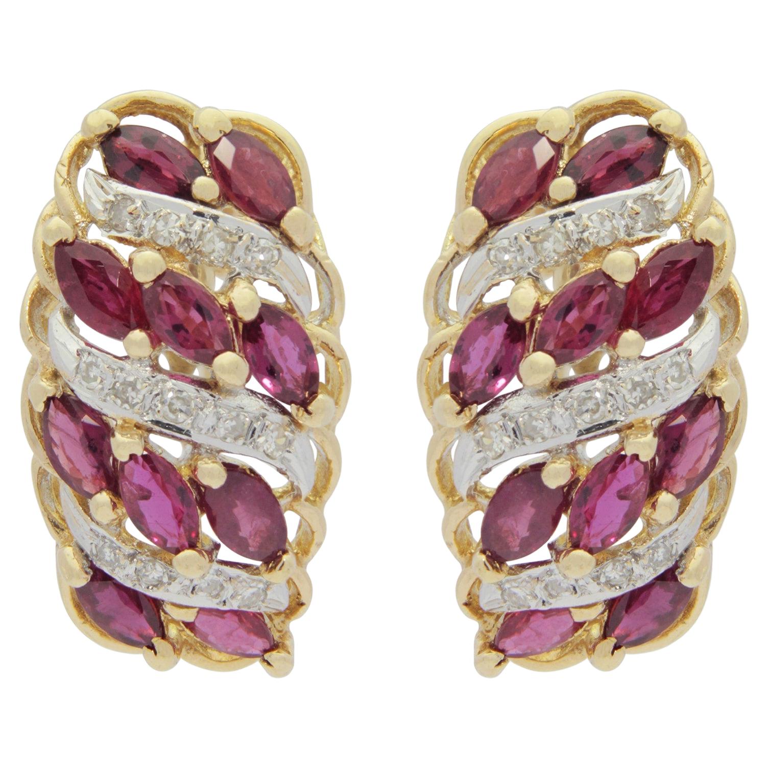 Retro Period, 14 Karat Gold, Ruby and Diamond Cocktail Earrings For Sale