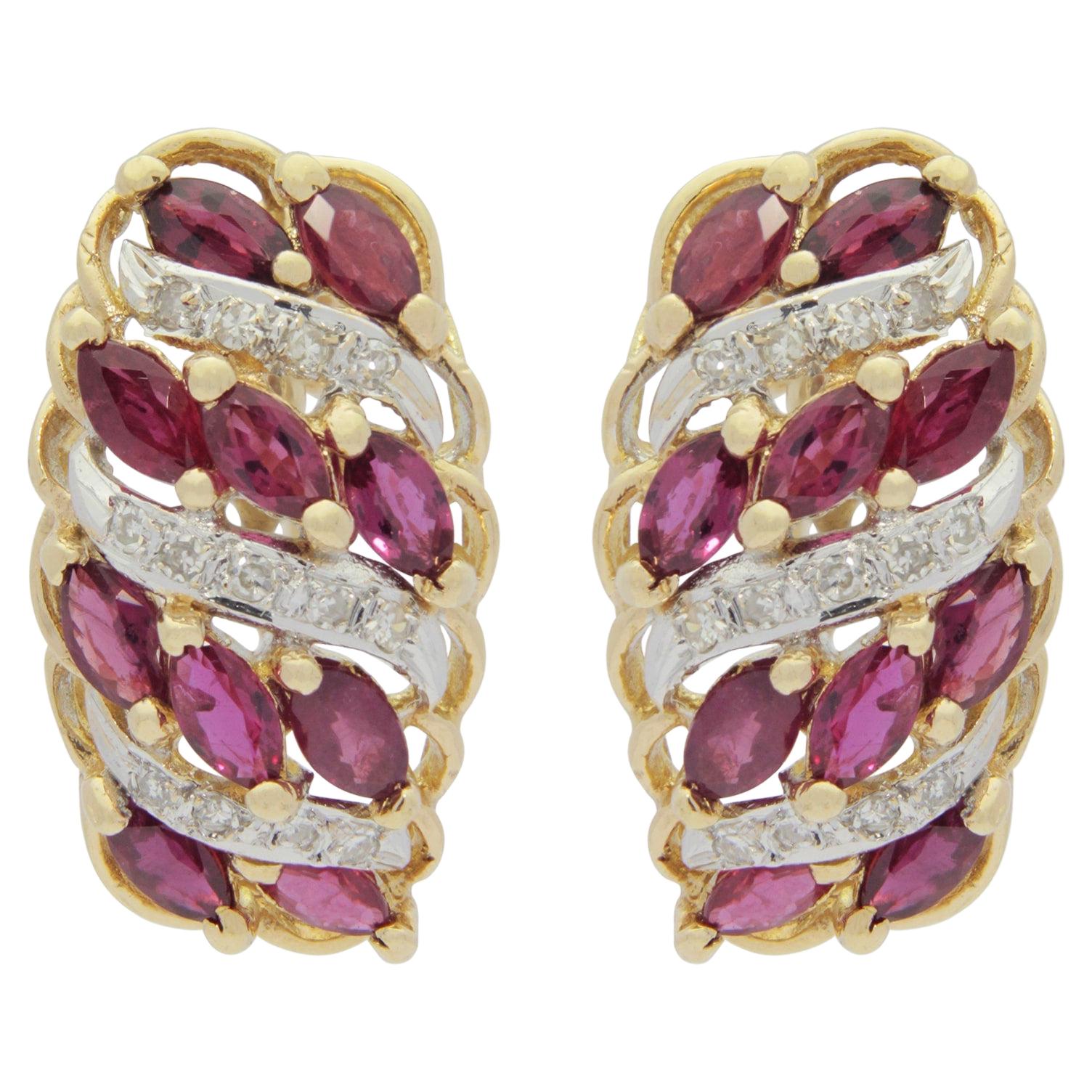 Retro Period, 14 Karat Gold, Ruby and Diamond Cocktail Earrings For Sale