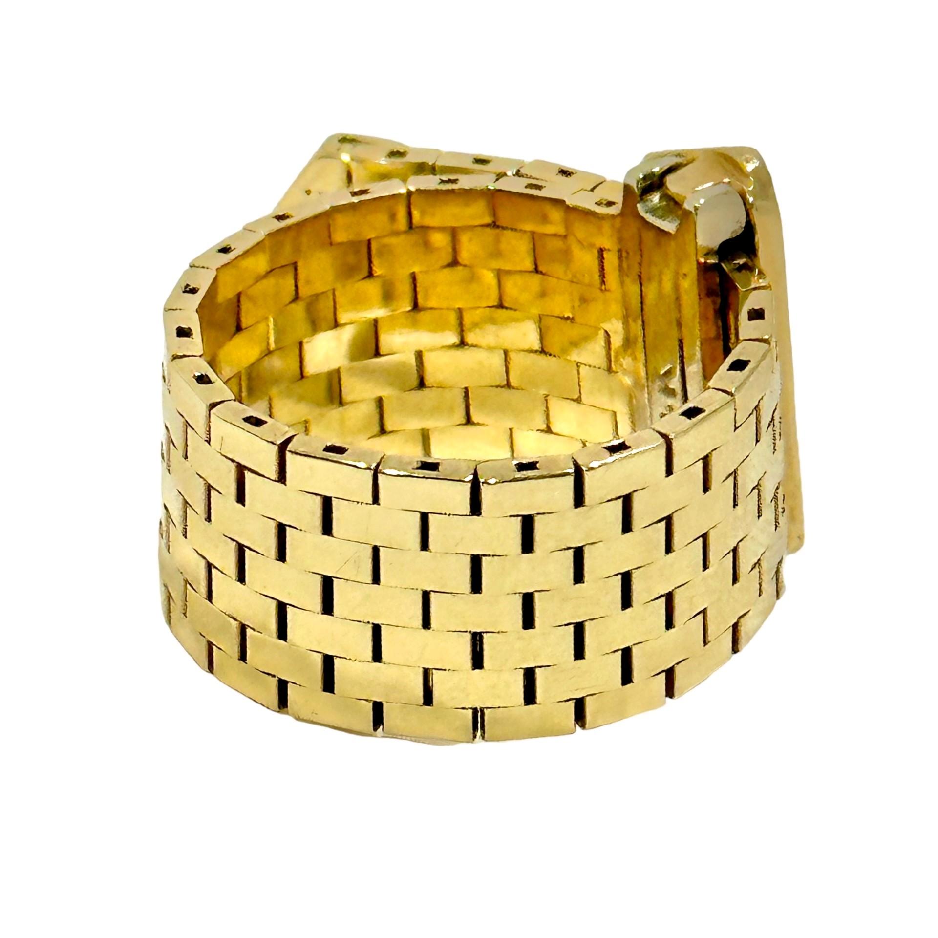Retro Period 14k American Brick Link Buckle Ring with Diamonds In Good Condition For Sale In Palm Beach, FL