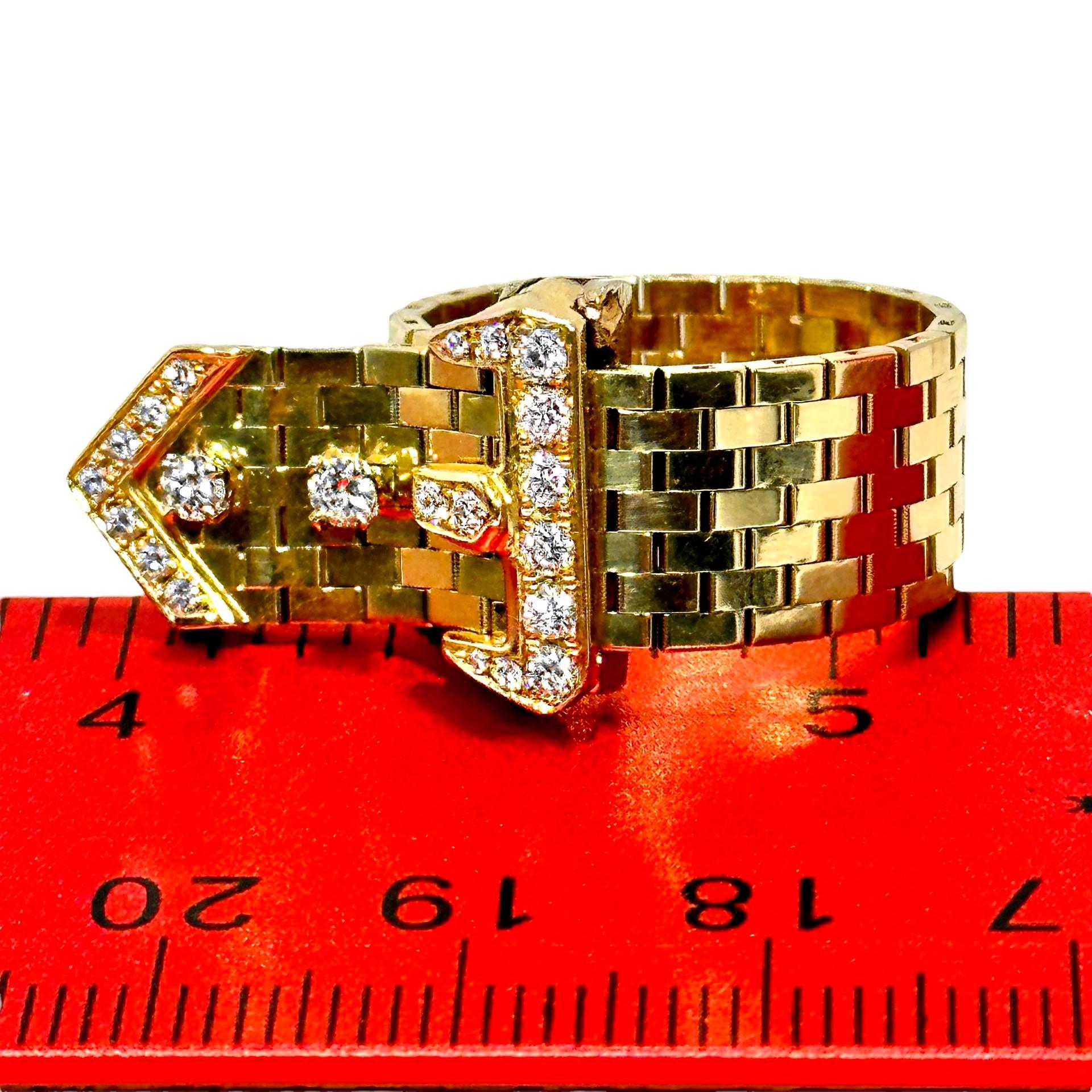 Retro Period 14k American Brick Link Buckle Ring with Diamonds For Sale 2