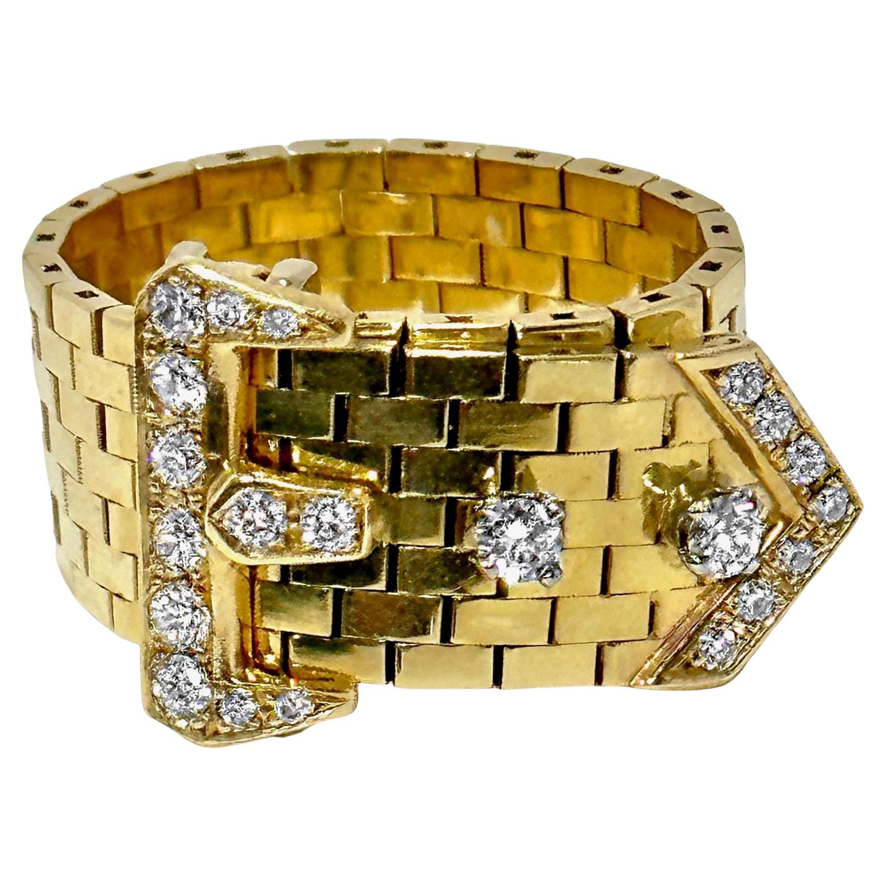 Retro Period 14k American Brick Link Buckle Ring with Diamonds For Sale