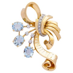 Retro-Brosche aus 18 Karat Gold, Aquamarin und Diamanten aus der Retro-Periode