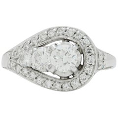 Retro Period, 18 Karat White Gold, Asymmetric, Diamond Ring