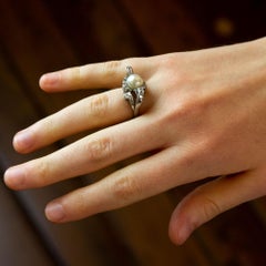 Retro Period, 18 Karat White Gold, Pearl, and Diamond Ring