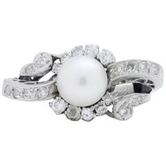 Retro Period, 18 Karat White Gold, Pearl, and Diamond Ring