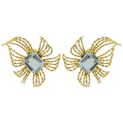 Vintage Period, Aquamarine and 10 Karat Gold Earrings