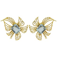 Retro Period, Aquamarine and 10 Karat Gold Earrings