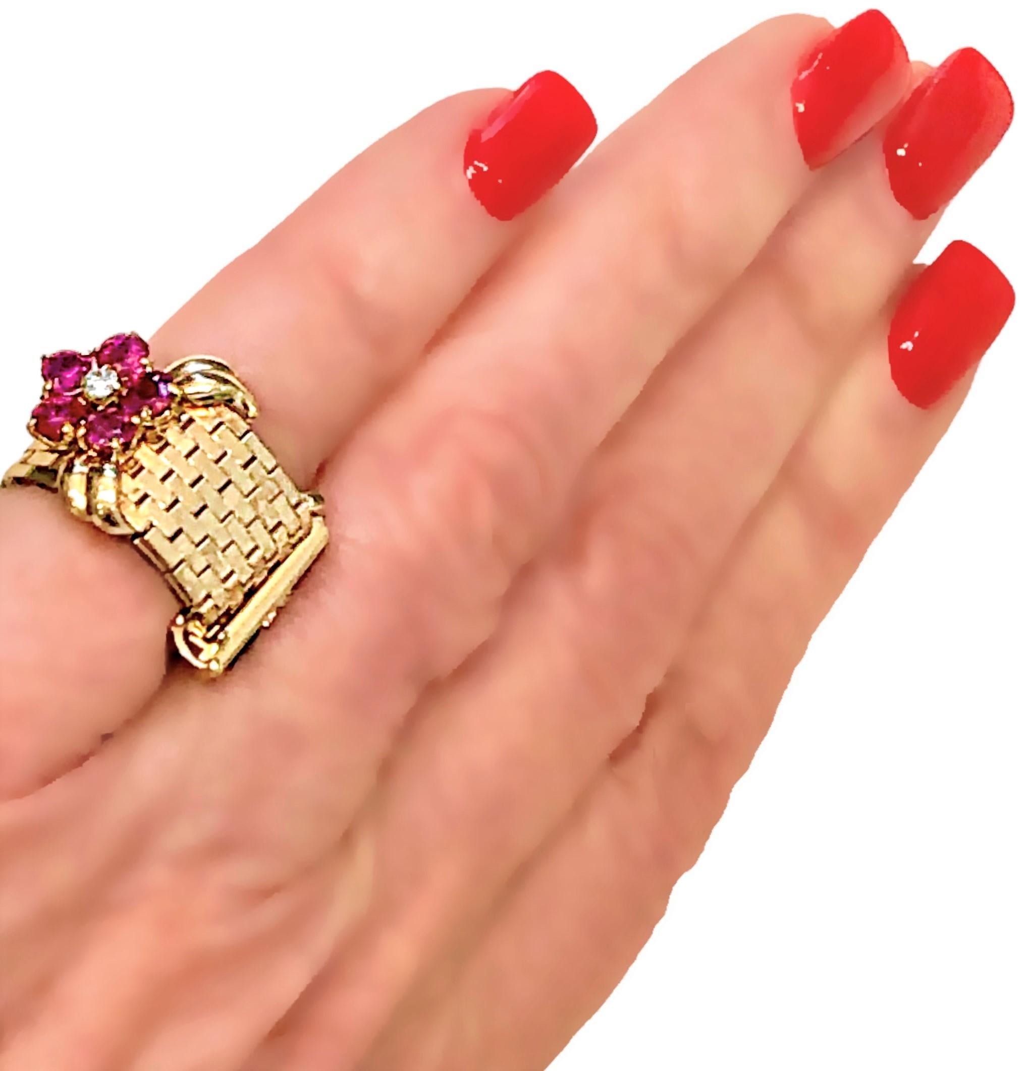 Retro Period Brick Link Buckle Ring with Ruby Flower, Diamonds and Sapphires For Sale 1