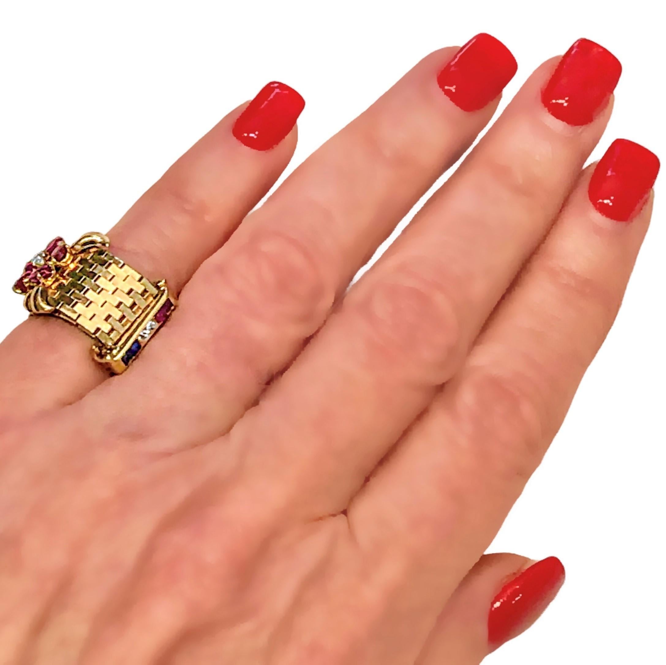 Retro Period Brick Link Buckle Ring with Ruby Flower, Diamonds and Sapphires For Sale 2
