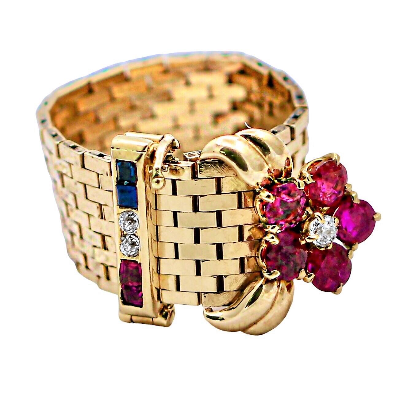 Retro Period Brick Link Buckle Ring with Ruby Flower, Diamonds and Sapphires For Sale