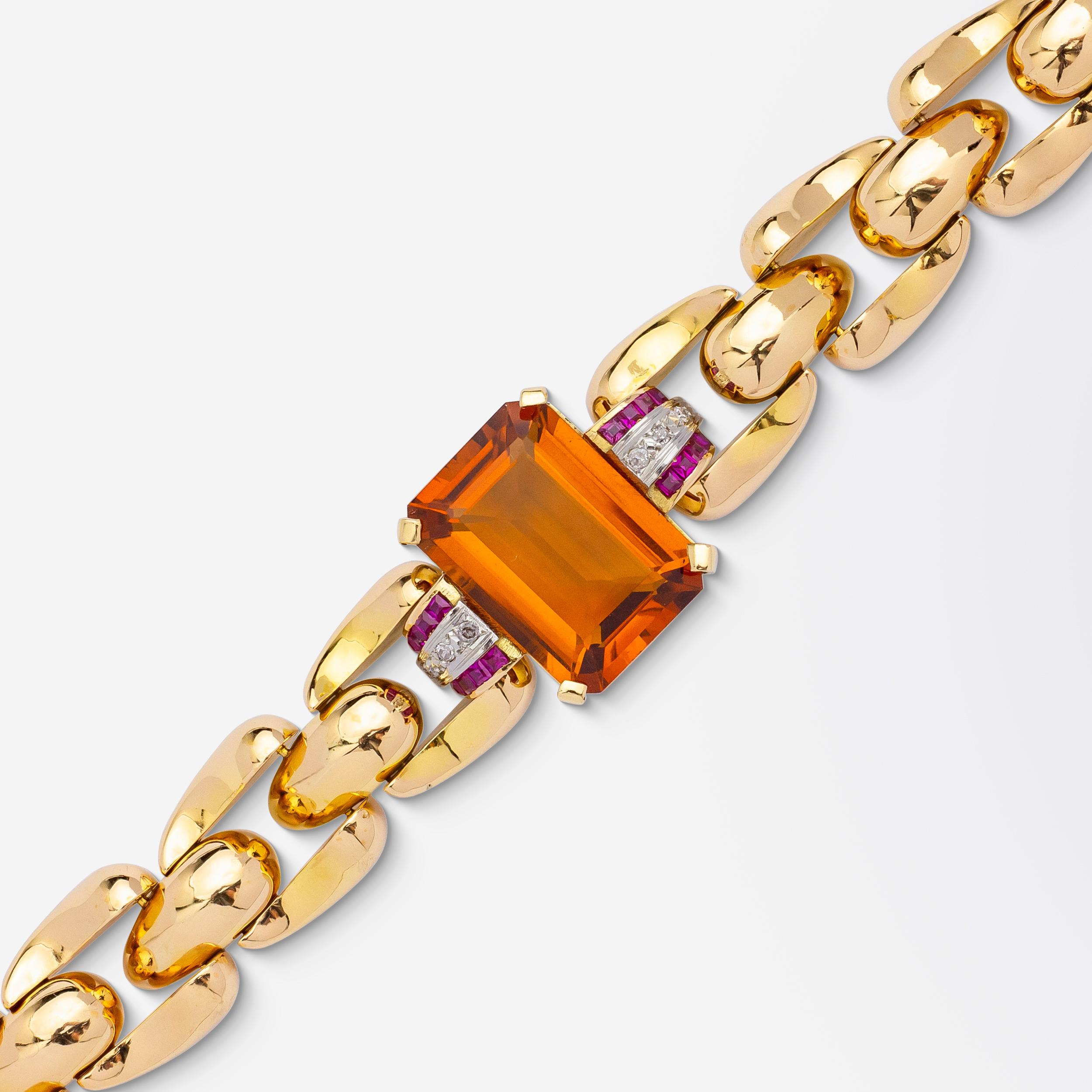 Octagon Cut Retro Period Citrine, Ruby & Diamond Bracelet For Sale