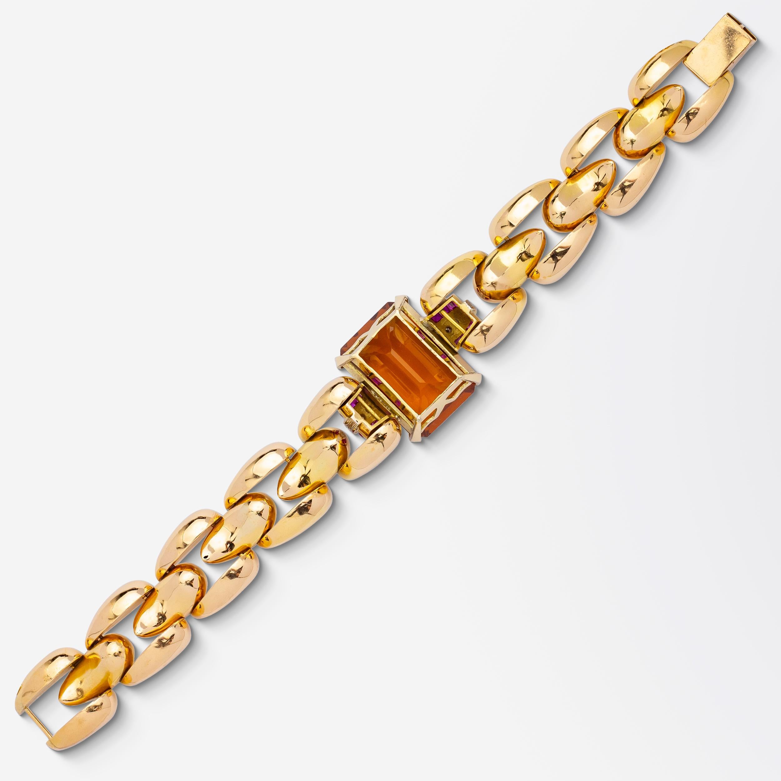 Retro Period Citrine, Ruby & Diamond Bracelet In Good Condition For Sale In Brisbane City, QLD